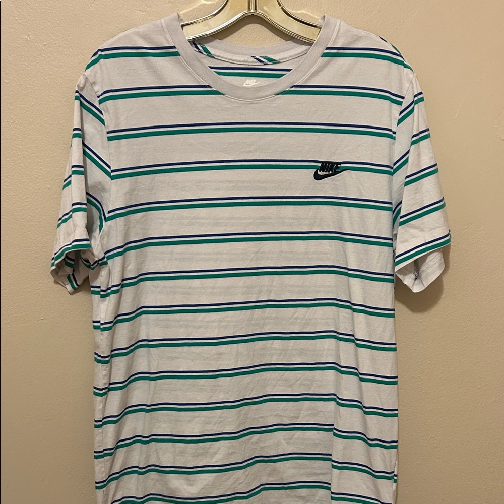 Nike Men's Short Sleeve Striped Tee - White and Blue